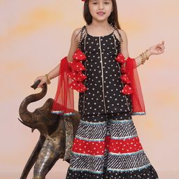 KID1 Cotton Sleeveless Bandhani Designed & Gota Lace Embellished Top & Sharara With Dupatta Set - Black & Red-image-19