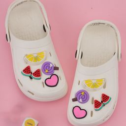 Yellow Bee Solid Clogs With Fruits Candy & Heart Charm - White-image-17