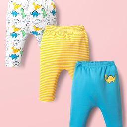 Babyhug Cotton Interlock Knit Full Length Diaper Leggings with Stripe Design & Dino Print Pack of 3 - White Yellow & Blue-image-100