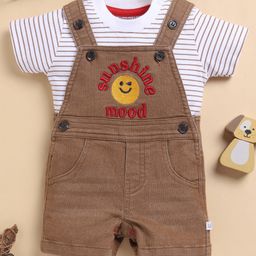 Wonderchild Sunshine Embroidered Dungaree & Half Sleeves Striped Tee Set - White & Snuff-image-26