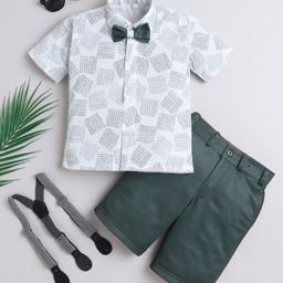 Fourfolds Cotton Blend Woven Half Sleeves Chevron Printed Shirt & Shorts With Suspender & Bow Set - Grey-image-75
