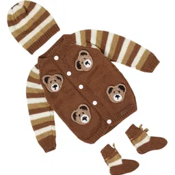 The Original Knit Knit Full Sleeves Striped & Teddy Bear Designed Sweater With Coordinating Cap & Socks Set - Brown-picture-1