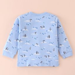 Tango Interlock Cotton Knit Full Sleeves Front Open Vest with Penguin Print - Sky Blue image 2