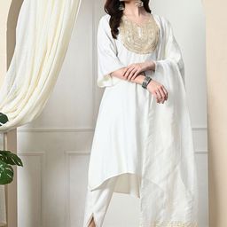 Myshka Yoke Design Bell Sleeves V-Neck Sequinned A-Line Kurta With Dhoti Pants & Dupatta-picture-14