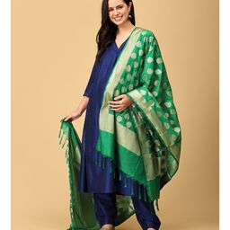 The Mom Store Silk Three Fourth Sleeves Solid Maternity Kurta With Nursing Access & Salwar With Foil Printed Dupatta Set - Blue image 5