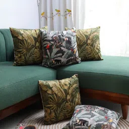LUSHLYF Green & White Set of 5 Floral Velvet Square Cushion Covers-10