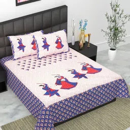 UNIBLISS Blue & White Ethnic Jaipuri Printed Cotton 144TC Queen Bedsheet Set-2.15mx2.35m-image-66