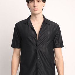 Voroxy Men Relaxed Cuban Collar Textured Polycotton Casual Shirt-image-74