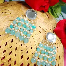DIVASTRI Gold-Plated Stones Studded And Beaded Oval Shape Drop Earrings-image-53
