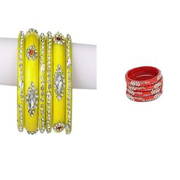 SOMIL Set of 10 Yellow Alloy Artificial Stones & Beads Bangles-image-89