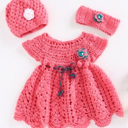 USHA ENTERPRISES Short Sleeves Crochet Baby Dress With Cap & Booties - Pink-image-15