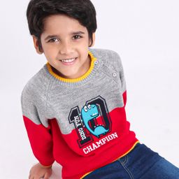 Babyhug Full Sleeves Pullover Colorblock Sweater Dino Print - Red Grey-4
