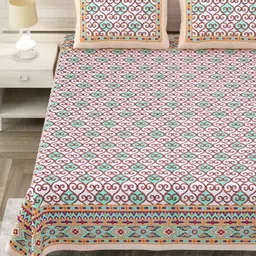 Aapno Rajasthan Green & White Ethnic Motifs 144 TC King Bedsheet with 2 Pillow Covers-image-88