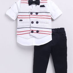 LITTLE COLLARS Boys Elegant Striped Jacquard Full Sleeves Partywear Set with Bow-image-24