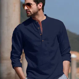 Anouk Blue Pure Cotton Roll-Up Sleeves Band Collar Straight Short Kurta-picture-41