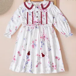 Bella Moda Girls Floral Printed Peter Pan Collar Puff Sleeve Fit & Flare Dress-picture-24