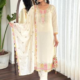 KALINI Floral Embroidered Sequinned Chanderi Silk Kurta with Trouser & Dupatta-picture-53