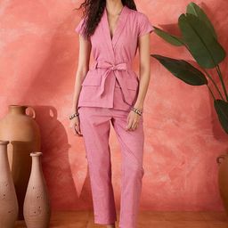 Sangria Shawl Neck Pure Cotton Coat & Trousers-image-13
