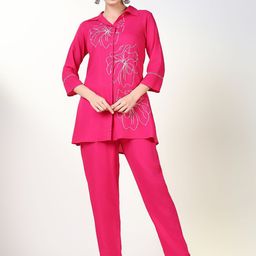 SHOWOFF Embroidered Shirt Collar Three-Quarter Sleeves Top With Trouser-picture-30