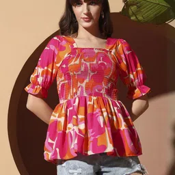 LookShine Women Orange Floral Print Puff Sleeve Smocked Top-picture-6