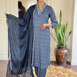 KALINI Leheriya Printed Thread Work Straight Kurta With Trousers & Dupatta-28
