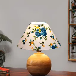 Devansh White & Blue Floral Printed Wooden Frusturical Shaped Table Lamp-18
