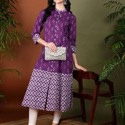 YASH GALLERY Geometric Printed Mandarin Collar A-Line Kurta-image-81