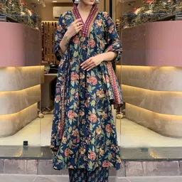 Art Avenue Women Floral Printed Pure Cotton Anarkali Kurta with Palazzo & Dupatta-picture-50