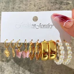 GOLDIWALA Set Of 10 Gold Plated Pearls Beaded Circular Hoop Earrings image 5
