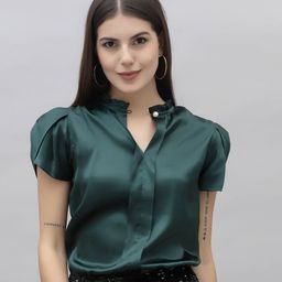 PURYS Mandarin Collar Puff Sleeve Sheen Satin Top-image-27