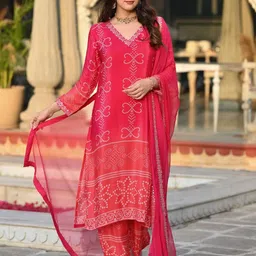 Sitanjali Bandhani Printed Thread Work Silk Chiffon Kurta With Trousers & Dupatta-image-7