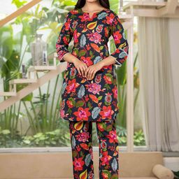 Pistaa Floral Printed Notch Neck Pure Cotton Tunic With Trousers-picture-23