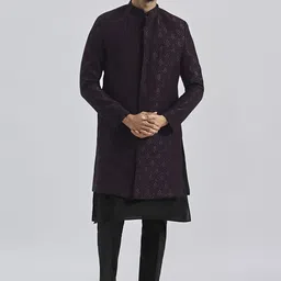 VASTRAMAY Men Self Design Mandarin Collar Sherwani-image-95