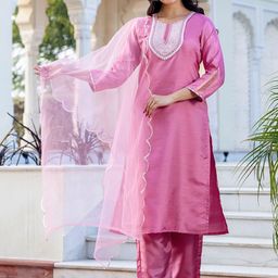 SKYLEE Floral Yoke Design Round Neck Thread Work Straight Kurta With Trousers & Dupatta-8