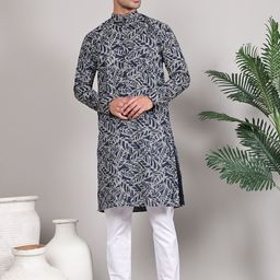 Majestic Man Tropical Printed Mandarin Collar Pure Cotton Straight Kurta-image-78