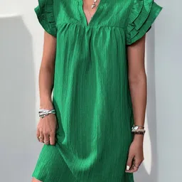 KPOP Green Solid A-Line Mini Dress with Flared Sleeves-picture-9