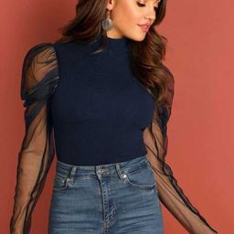 TANDUL Women Solid High Neck Puff Sleeve Top-image-6