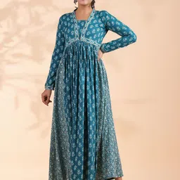 KALINI Floral Printed Square Neck Fit & Flare Midi Cotton Dress-image-26