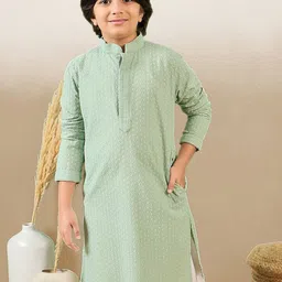 Here&Now X Sanwara Boys Floral Embroidered Chikankari Cotton Straight Kurta-56