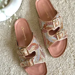 IMPERFECTO Women Embellished Ethnic Open Toe Flats-image-81