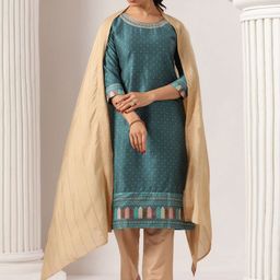 Span Geometric Printed Zari Pure Silk Straight Kurta With Trouser And Dupatta image 5