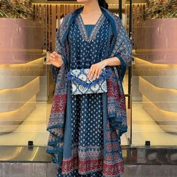 Anni Designer Floral Printed Square Neck Anarkali Kurta With Trousers & Dupatta-41