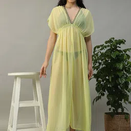 Oxolloxo V-Neck Short Sleeve Lace Detail Maxi Beachwear Dress-image-56