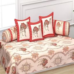 INDHOME LIFE 6Pcs Beige & Red Printed Pure-Cotton 190TC Breathable Diwan Set-20