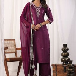 OLECUTE Women Embroidered Regular Kurta with Palazzos & Dupatta-image-28