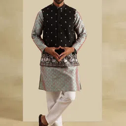 SOJANYA Geometric Jacquard Woven Design Straight Kurta With Pyjama & Nehru Jacket-5