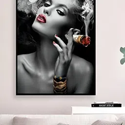 SMOKEY COCKTAIL Black & Grey Cigar Girl Modern Printed Canvas Wall Art-image-57