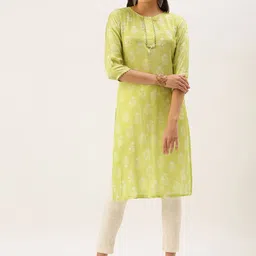 Fourleaf Floral Printed Round Neck Gotta Patti Cotton Straight Kurta-37