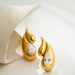 AQUASTREET 18K Gold-Plated Zircon Stone Studded Teardrop Shaped Studs-14