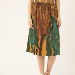 WISSTLER Women Mustard Brown & Green Accordion Pleated Printed A-Line Skirt-image-91